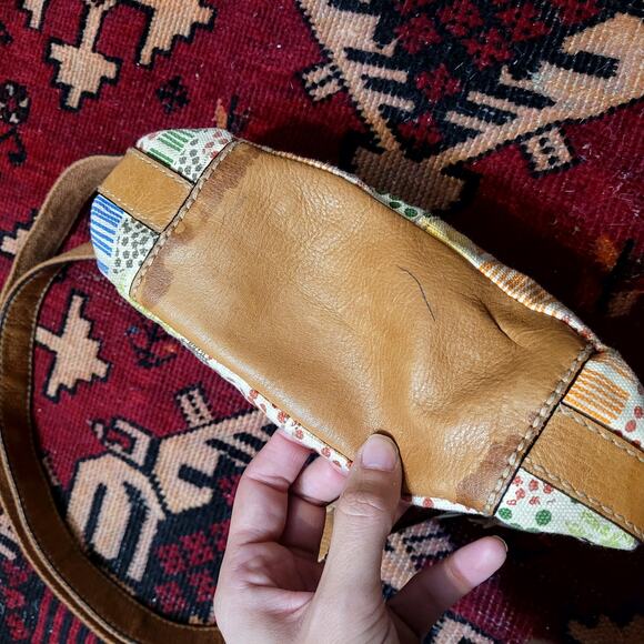 Vtg Fossil Patterned Fabric Tan Leather Mini Purse Bag Y2K - Picture 4 of 5